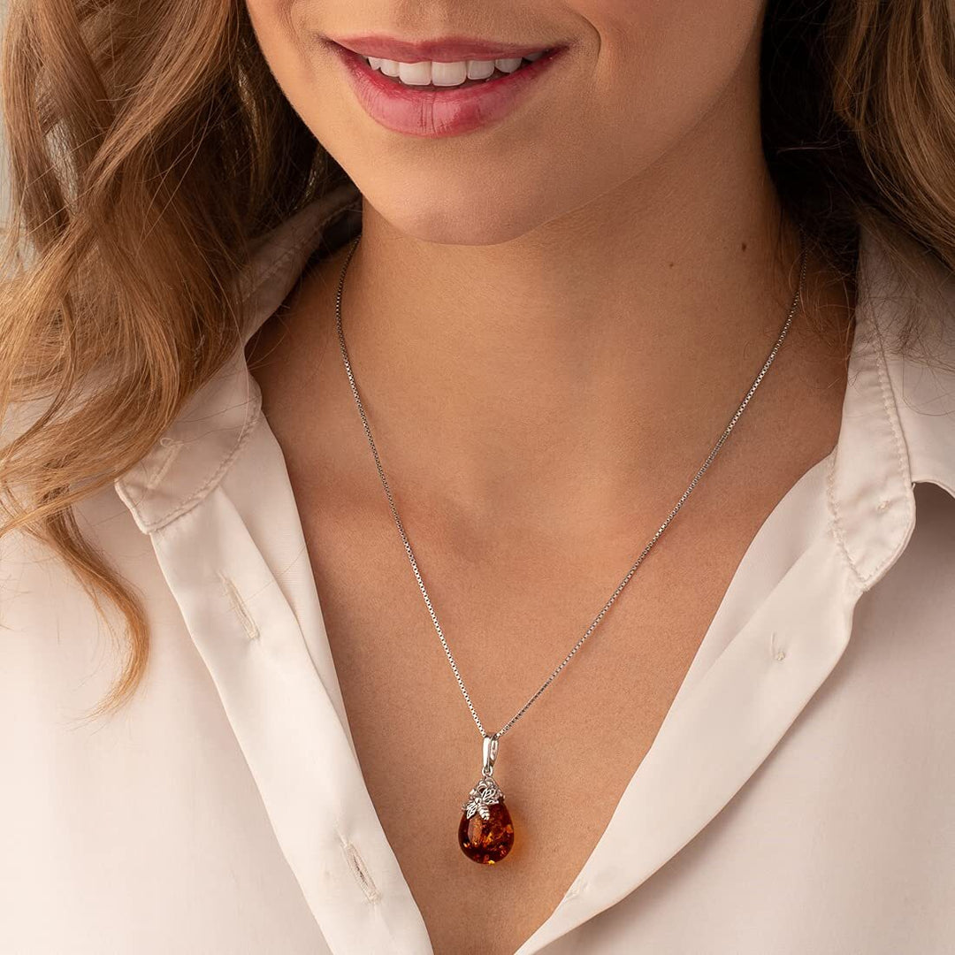 SJC Amber 925 Sterling Silver Pendant Necklace