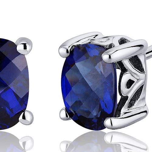 Blue Sapphire Stud Earrings Sterling Silver Oval Shape 2 Carats