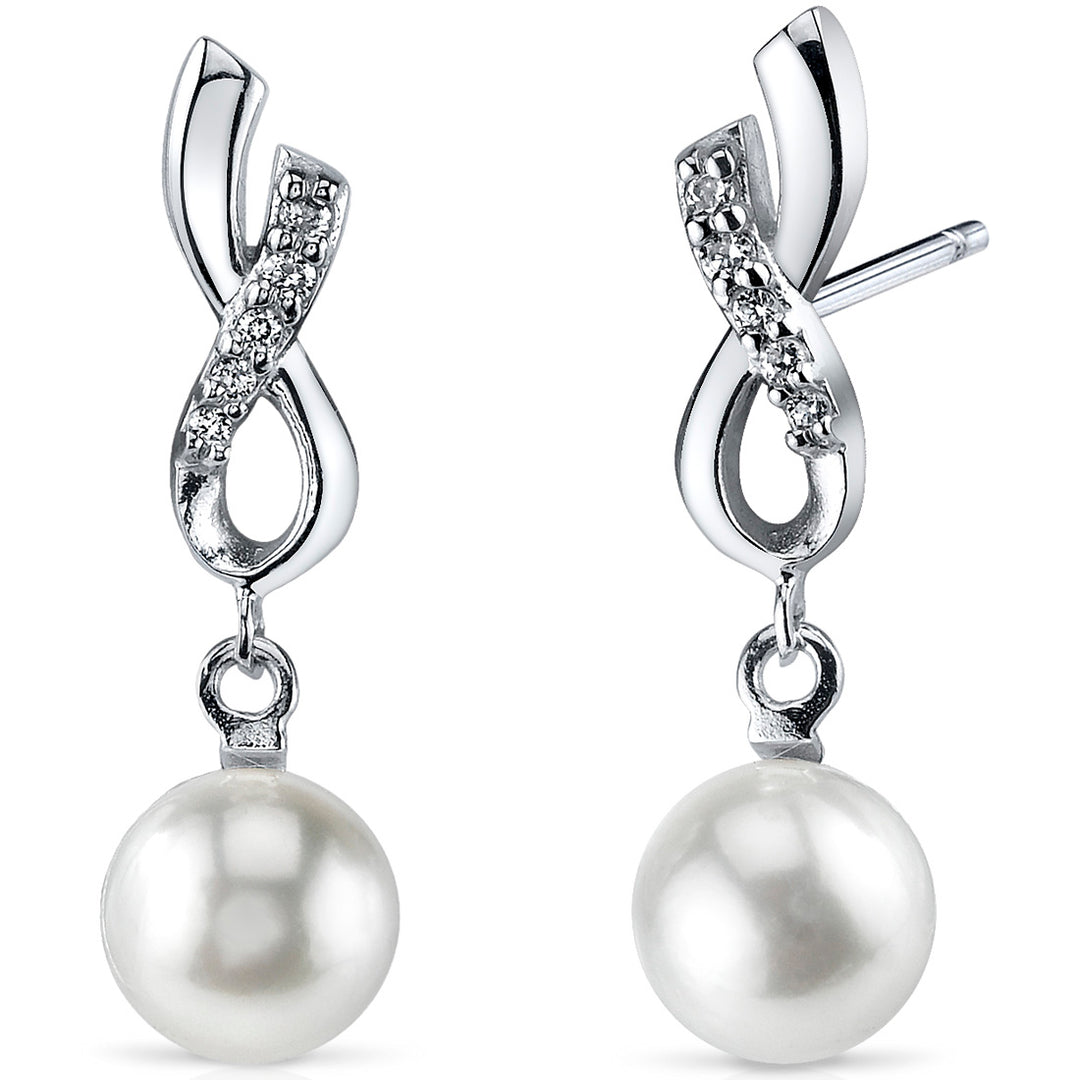 Freshwater Cultured White Pearl Dangle Earrings in Sterling Silver, Ribboned Infinity Design, 6.50mm Round Button Shape, Friction Backs