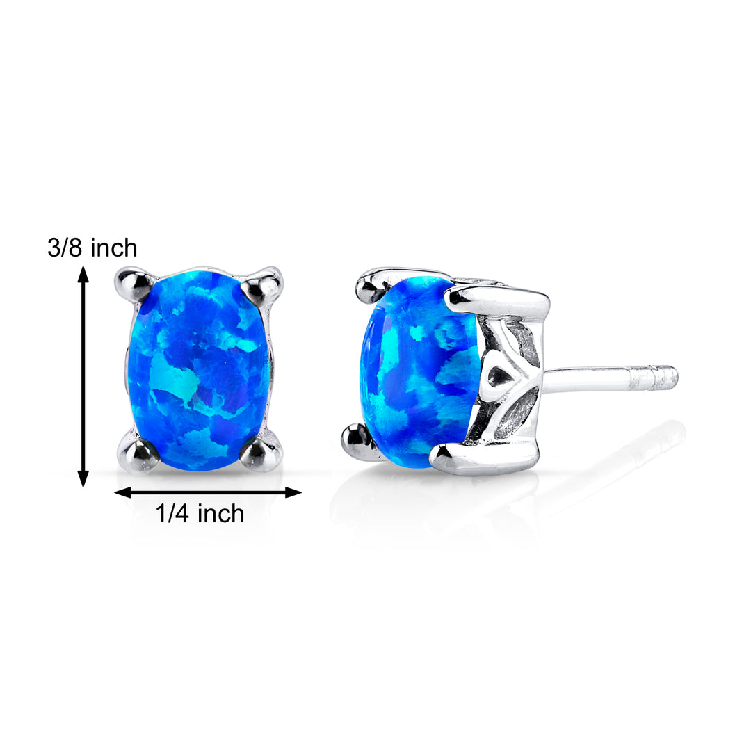 Blue Opal Stud Earrings Sterling Silver Oval Shape 1 Carat
