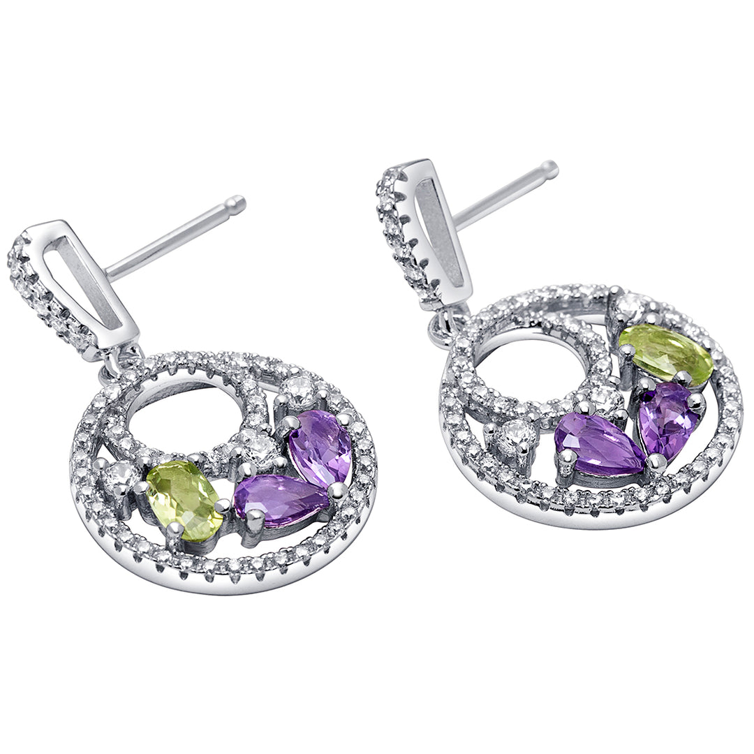 Amethyst and Peridot Dangle Earrings in Sterling Silver, Designer Double Hoop Drops, 1.50 Carats total, Friction Backs