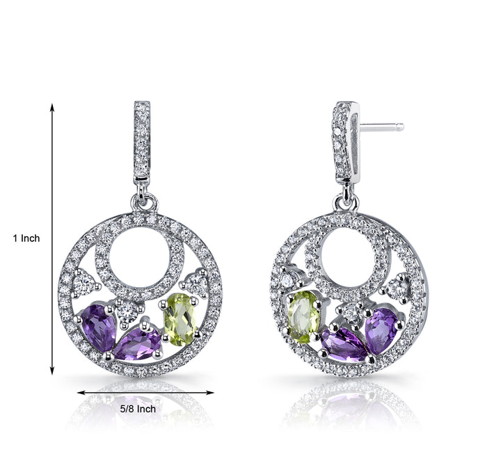 Amethyst and Peridot Dangle Earrings in Sterling Silver, Designer Double Hoop Drops, 1.50 Carats total, Friction Backs