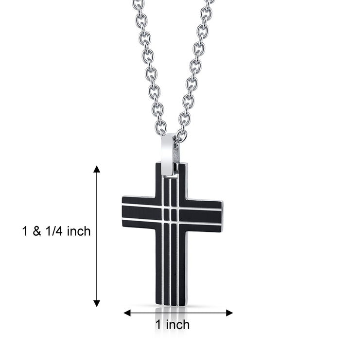 Black Lined Stainless Steel Cross Pendant with Steel Ball Chain