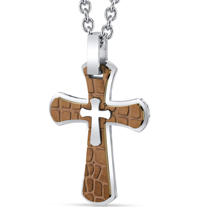 Copper Cobblestone Stainless Steel Cross Pendant With Steel Ball Chain