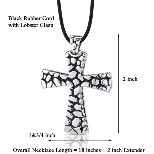 Stainless Steel Cobblestone Style Cross with Black Enamel Pendant on a Rubber Cord