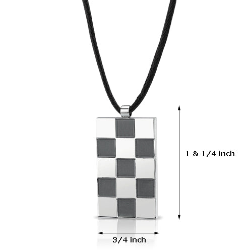 Brushed Matte Finish Checkered Design Stainless Steel Tag Pendant With Adjustable Black Cord
