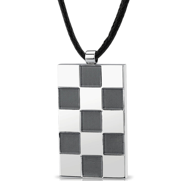 Brushed Matte Finish Checkered Design Stainless Steel Tag Pendant With Adjustable Black Cord