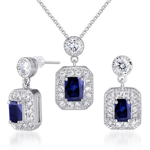 Blue Sapphire Radiant Cut Earrings Pendant Necklace Sterling Silver Jewelry Set