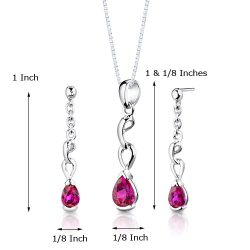 Lab Ruby Dainty Dangling Teardrop Earrings Pendant Necklace Jewelry Set in Sterling Silver