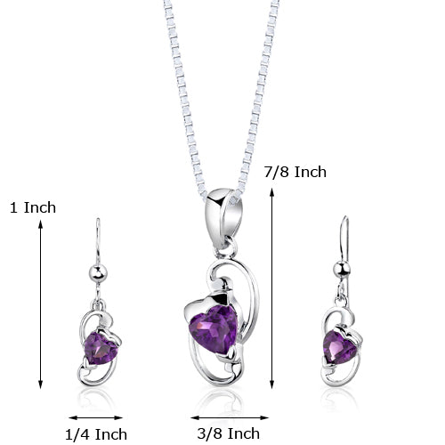 Amethyst Sweetheart Earrings Pendant Necklace Sterling Silver Jewelry Set