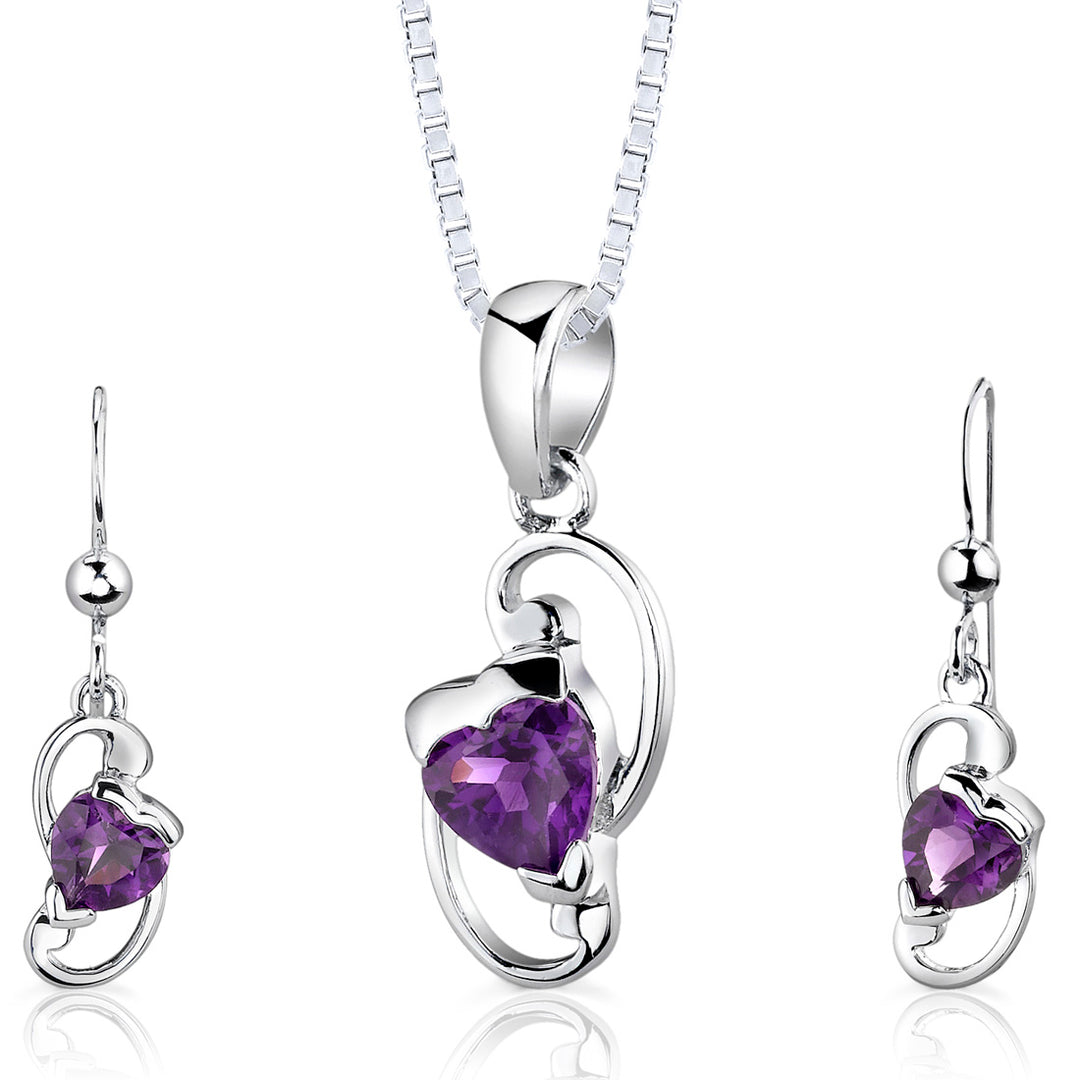 Amethyst Sweetheart Earrings Pendant Necklace Sterling Silver Jewelry Set