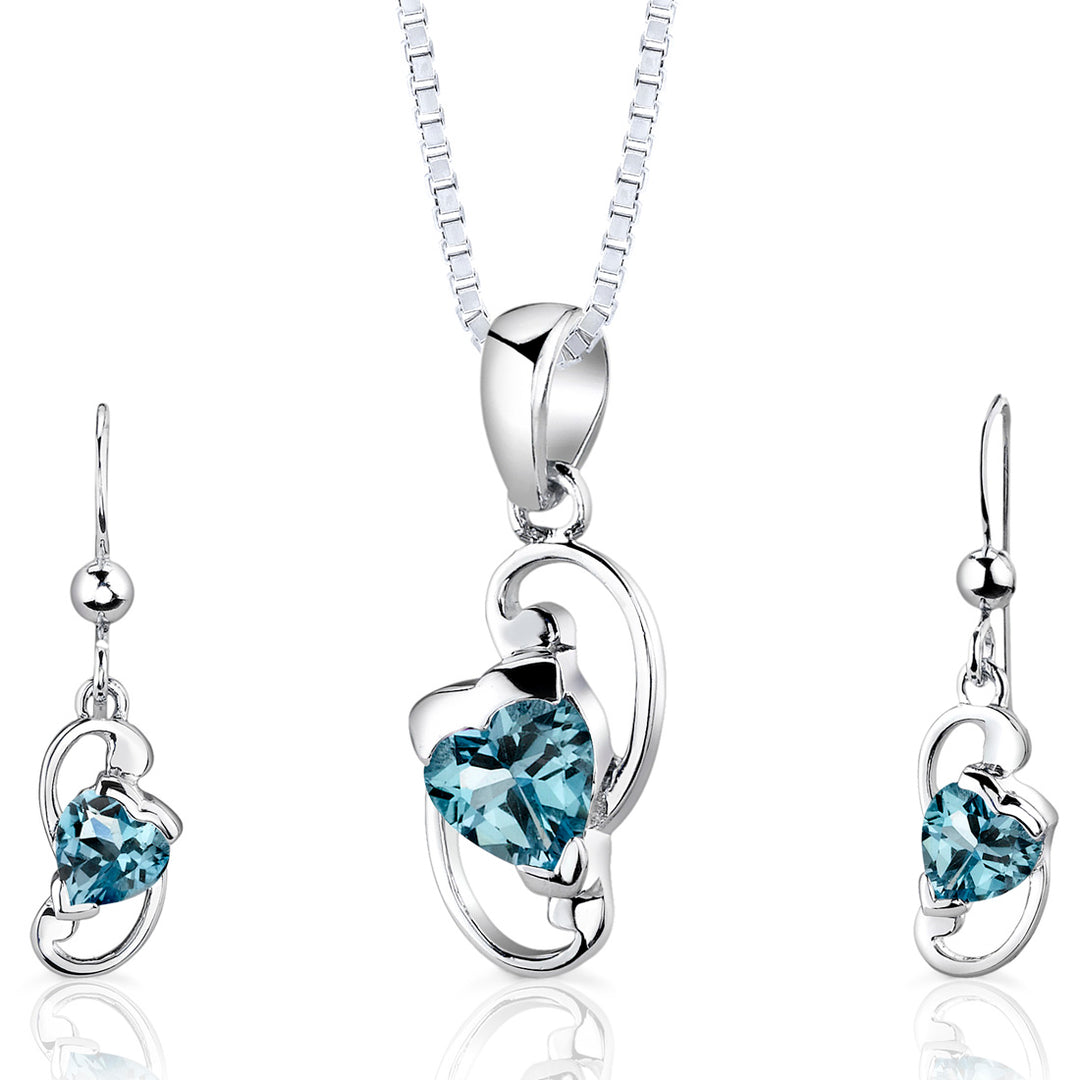 Swiss Blue Topaz Sweetheart Earrings Pendant Necklace Sterling Silver Jewelry Set