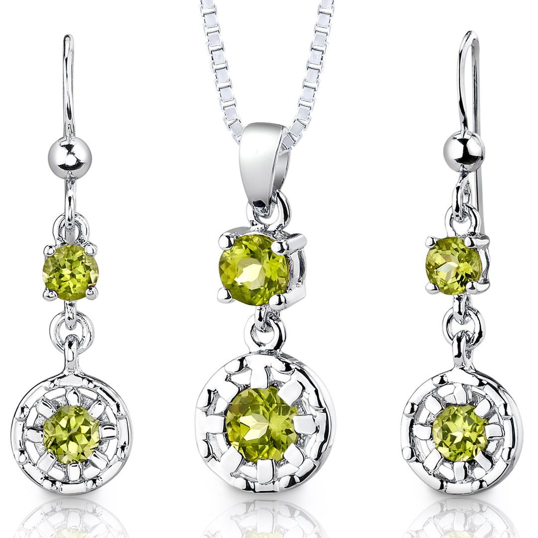 Peridot Circular Drop Earrings Pendant Necklace Sterling Silver Jewelry Set
