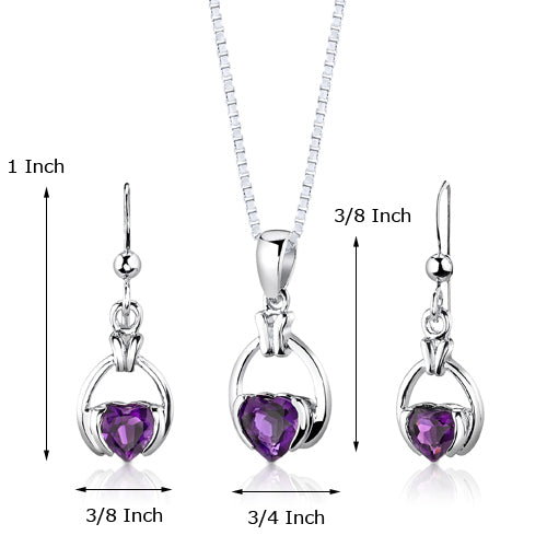 Amethyst Simple Heart Shape Earrings Pendant Necklace Sterling Silver Jewelry Set
