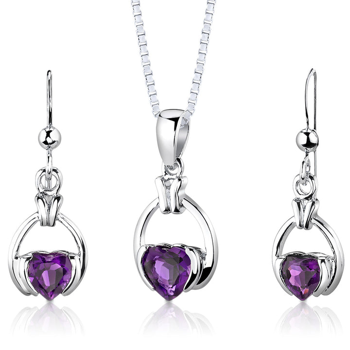 Amethyst Simple Heart Shape Earrings Pendant Necklace Sterling Silver Jewelry Set