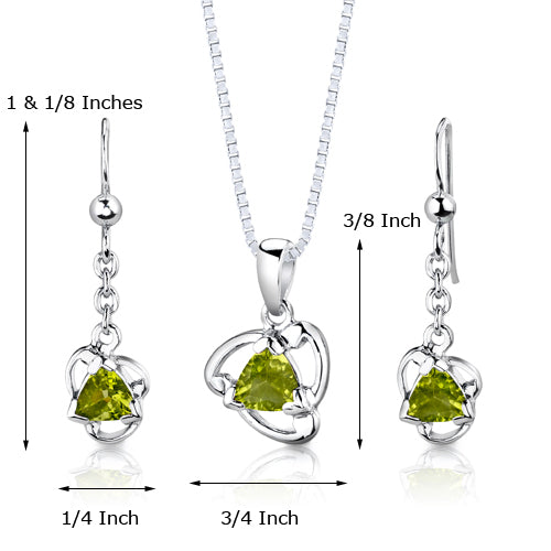 Peridot Drop Trillion Shape Earrings Pendant Necklace Sterling Silver Jewelry Set