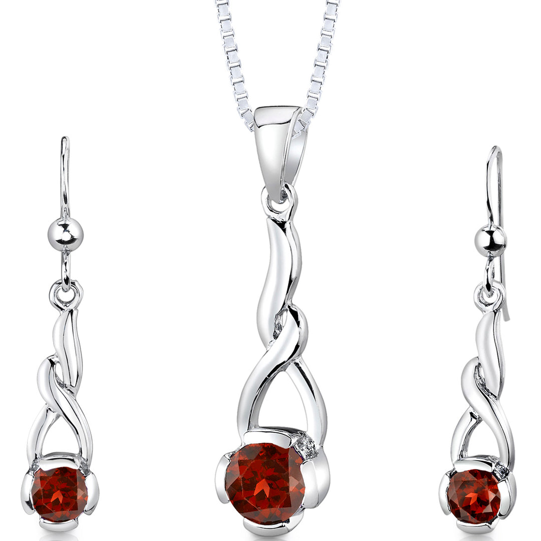 Garnet Elegant Twist Earrings Pendant Necklace Sterling Silver Jewelry Set
