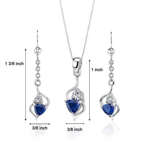 Blue Sapphire Trillion Cut Earrings Pendant Necklace Sterling Silver Jewelry Set