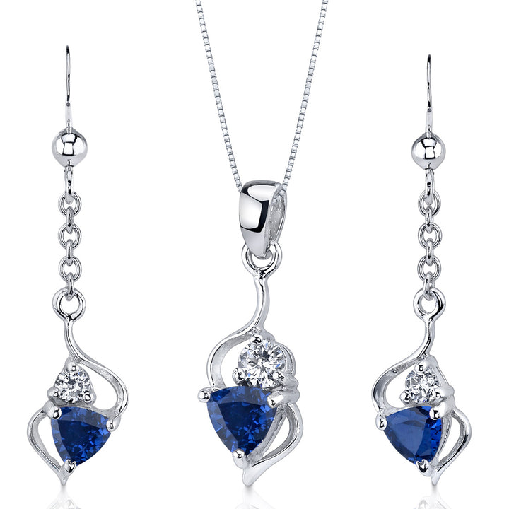 Blue Sapphire Trillion Cut Earrings Pendant Necklace Sterling Silver Jewelry Set