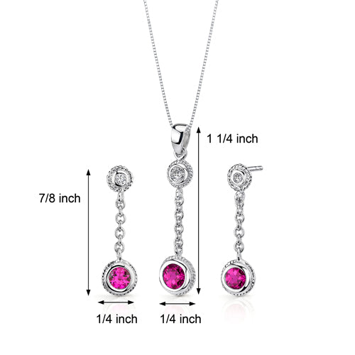 Ruby Round Shape Bezel Setting Earrings Pendant Necklace Sterling Silver Jewelry Set