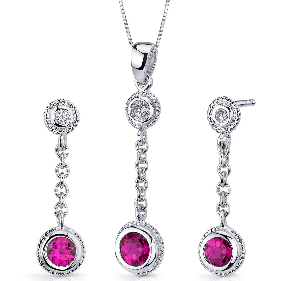 Ruby Round Shape Bezel Setting Earrings Pendant Necklace Sterling Silver Jewelry Set