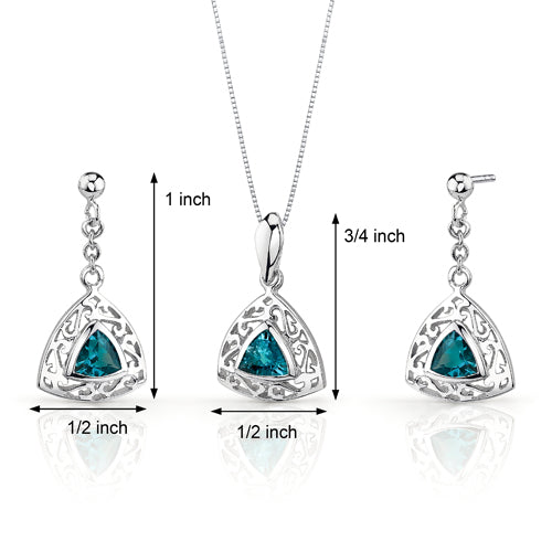 London Blue Topaz Filigree Trillion Shape Earrings Pendant Necklace Sterling Silver Jewelry Set