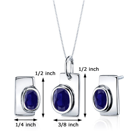 Blue Sapphire Art Deco Oval Shape Earrings Pendant Necklace Sterling Silver Jewelry Set