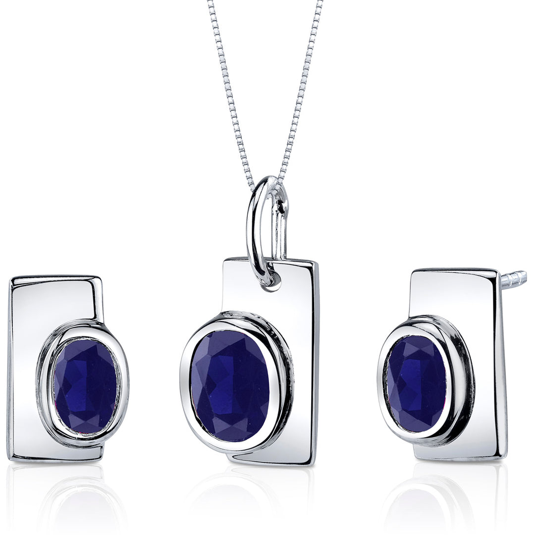 Blue Sapphire Art Deco Oval Shape Earrings Pendant Necklace Sterling Silver Jewelry Set