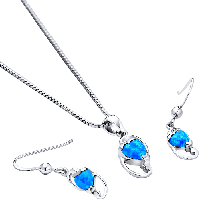Blue Opal Angel Wing Design Earrings Pendant Necklace Sterling Silver Jewelry Set