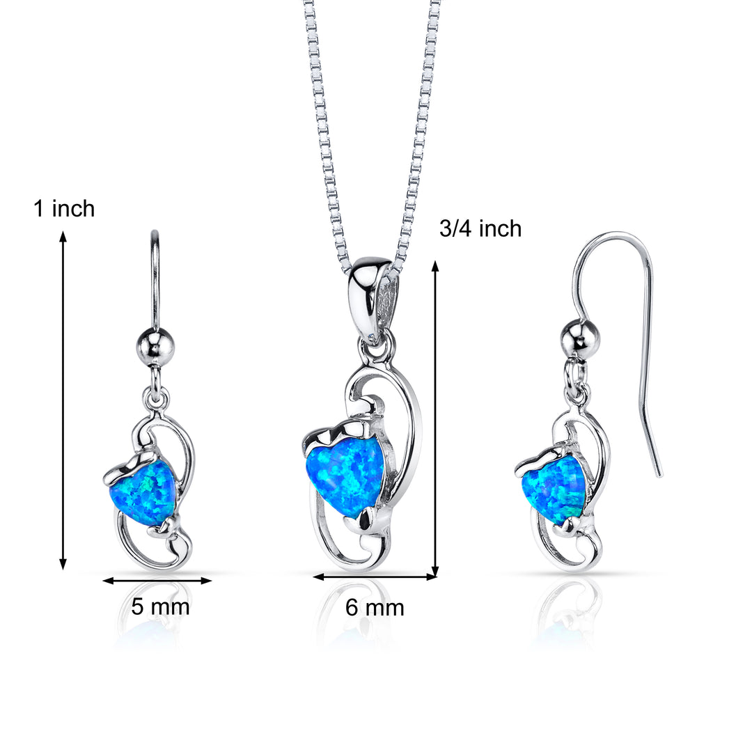 Blue Opal Angel Wing Design Earrings Pendant Necklace Sterling Silver Jewelry Set