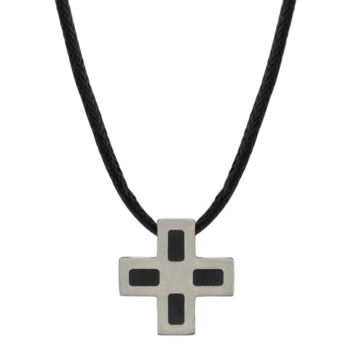 Titanium Brushed Finish Square Cross Pendant Necklace with Black Cord