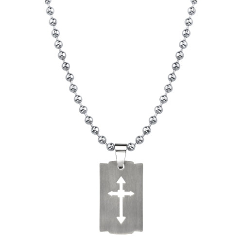 Titanium Brushed Finish Arrow Cross Tag Pendant Necklace with Steel Ball Chain