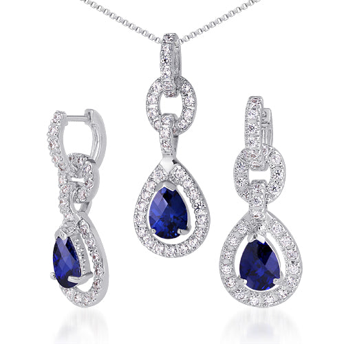Blue Sapphire Teardrop Earrings Pendant Necklace Sterling Silver Jewelry Set