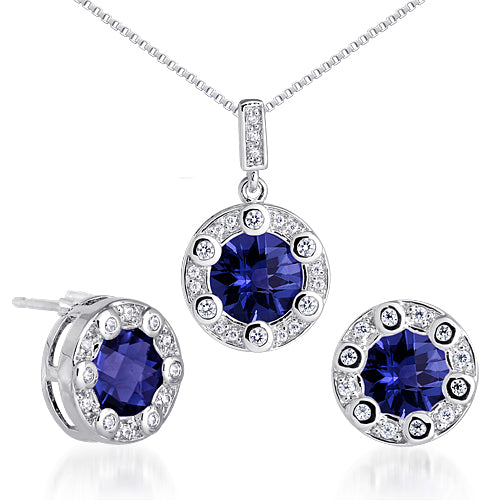 Blue Sapphire Round Shape Earrings Pendant Necklace Sterling Silver Jewelry Set