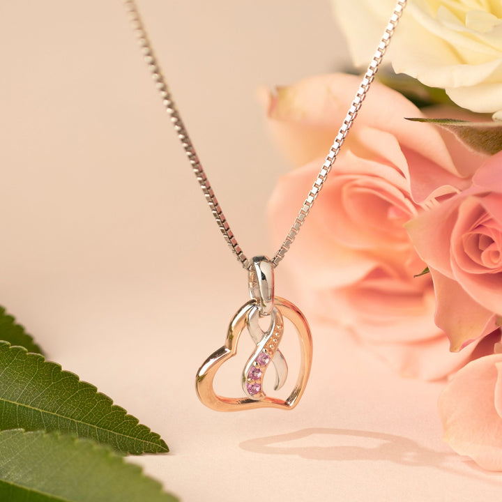 Breast Cancer Ribbon "Hope Fight Survive" Pendant Necklace with Pink Sapphire 925 Sterling Silver