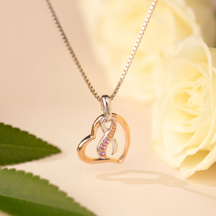 Breast Cancer Ribbon "Hope Fight Survive" Pendant Necklace with Pink Sapphire 925 Sterling Silver