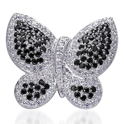 Sterling Silver Butterfly Brooch Pin with Black and White CZ