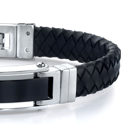 Stainless Steel ID-Style With Braided Leather Strap Bracelet