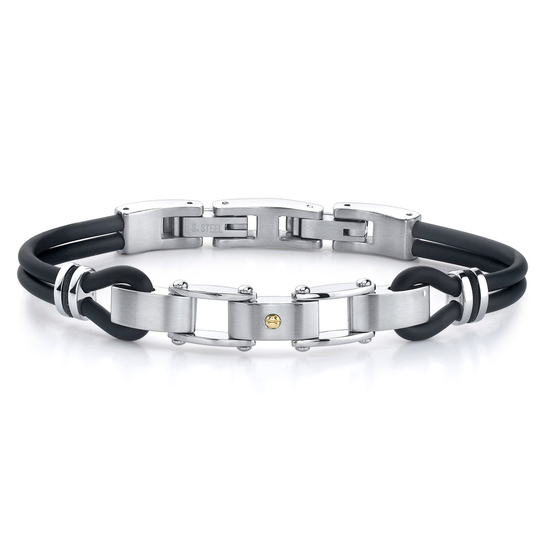 Men's Stainless Steel Panther Link Dual Rubber Cord Bracelet