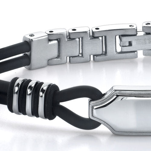 Stainless Steel ID-Style Dual Rubber Cord Link Bracelet