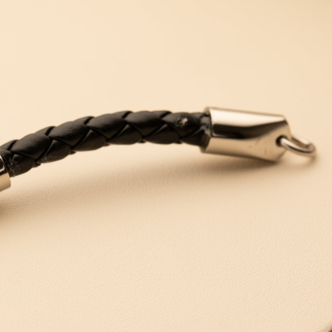 Stainless Steel ID-Style Woven Leather Strap Bracelet
