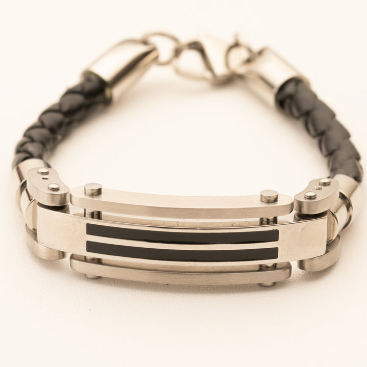 Stainless Steel ID-Style Woven Leather Strap Bracelet