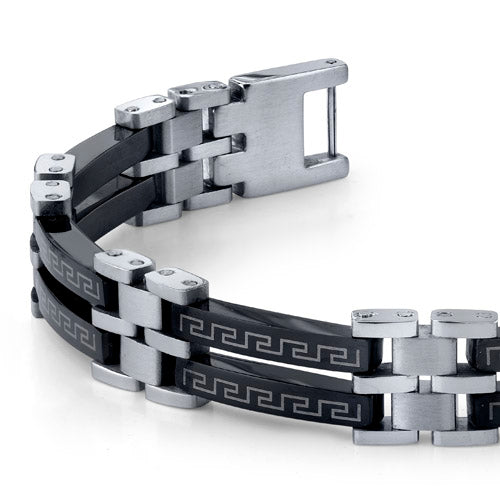 Men's Black and Silver-Tone Stainless Steel Greek Key Bracelet