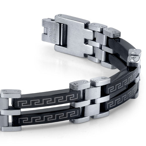 Men's Black and Silver-Tone Stainless Steel Greek Key Bracelet