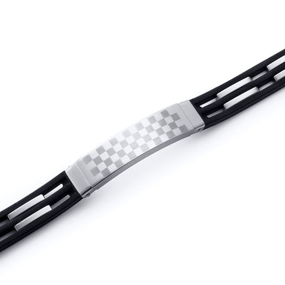Checkerboard Stainless Steel and Black Rubber Mens Bracelet