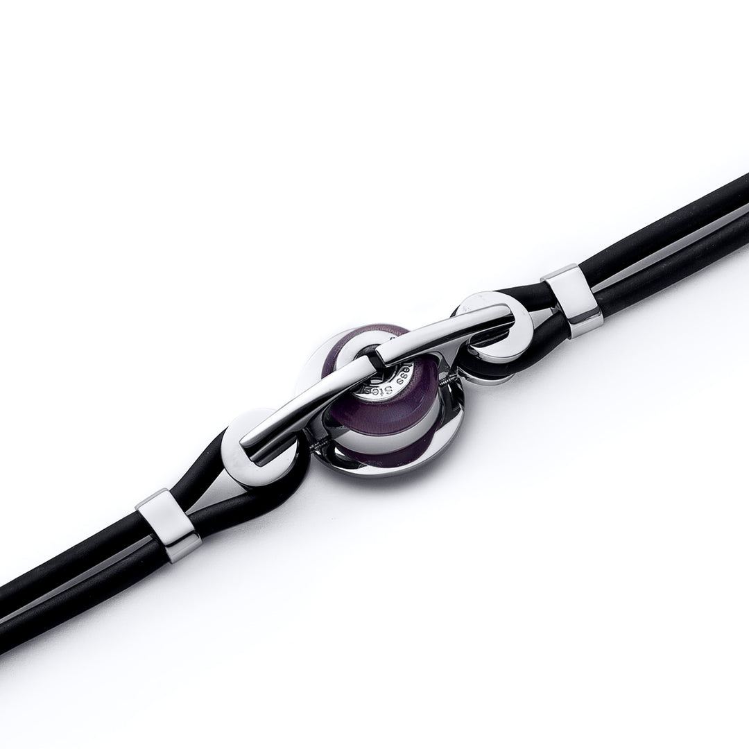 Purple Glass Roundel Bead Charm Bracelet Stainless Steel, 7.25 inch