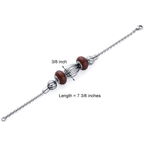 Stainless Steel Bracelet Brown Polished Charm Beads, 7.25 inches