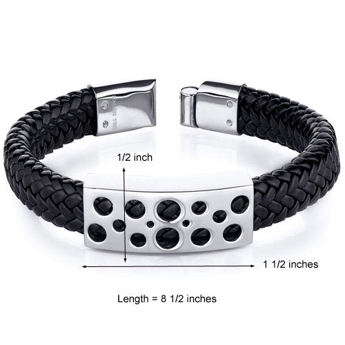 Mens Circle Motif Stainless Steel Black Woven Bracelet