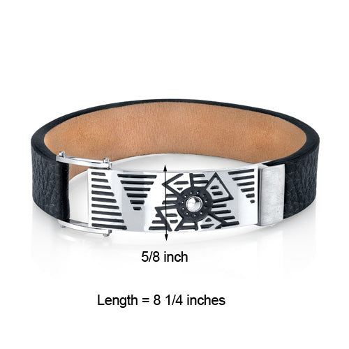 Men's Black Leather and Stainless Steel Bracelet Magnetic Fold-Over Clasp
