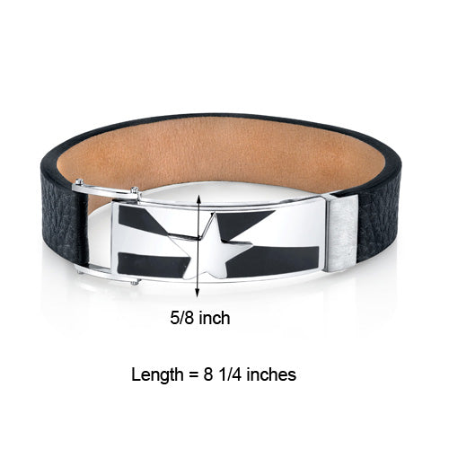 Mens Shooting Star Black Genuine Leather and Stainless Steel Bracelet